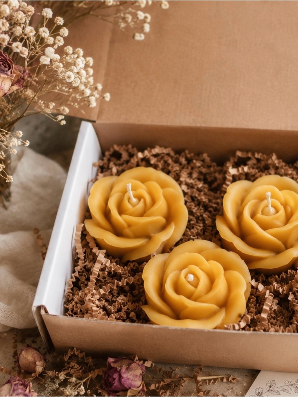 Set of 3 Rose-Shaped Beeswax Candles - Golden Yellow